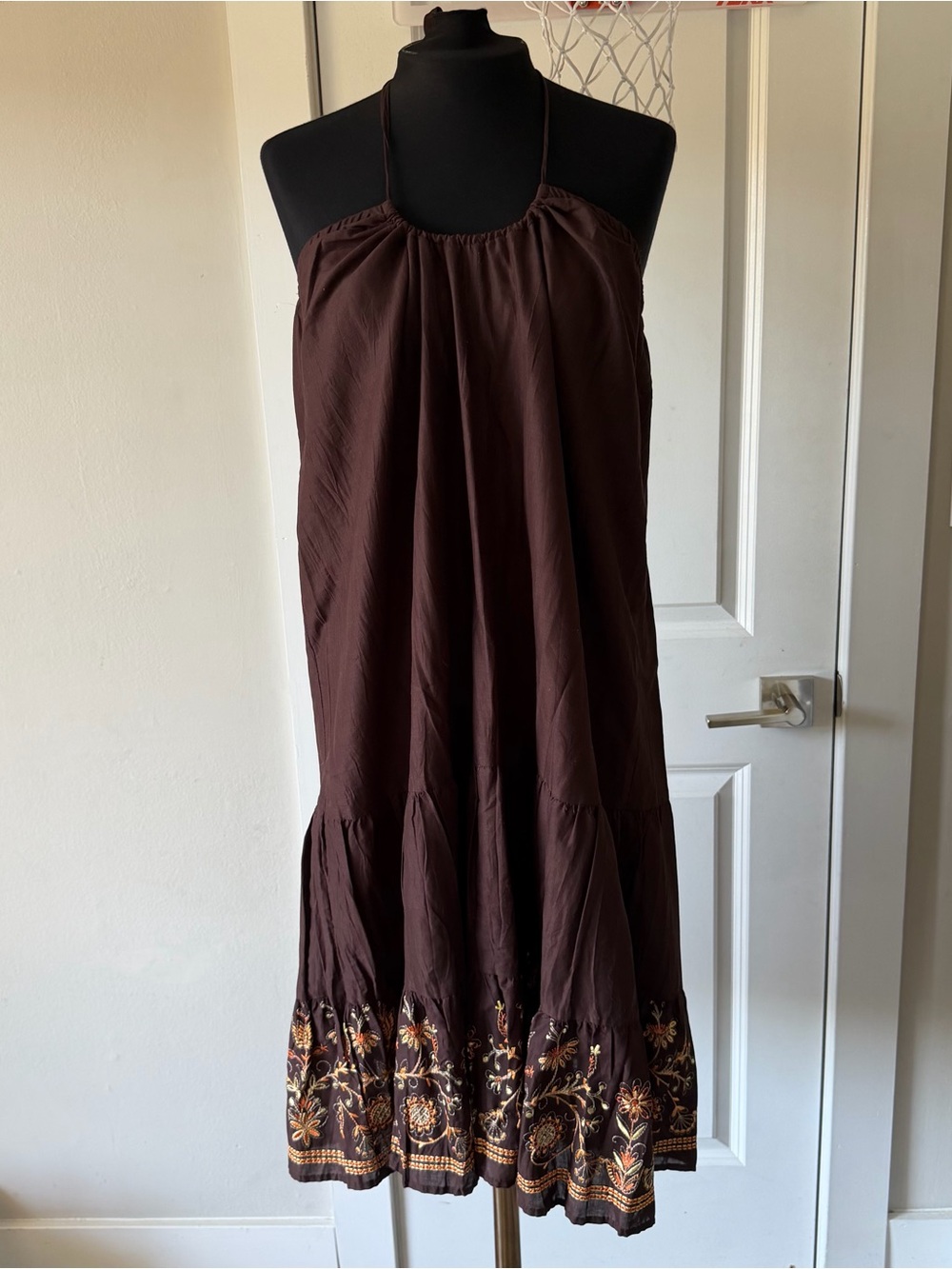 Rag Retro Women’s Dress Brown Embroidered Tiered A-Line Made In USA  Size 1 X
